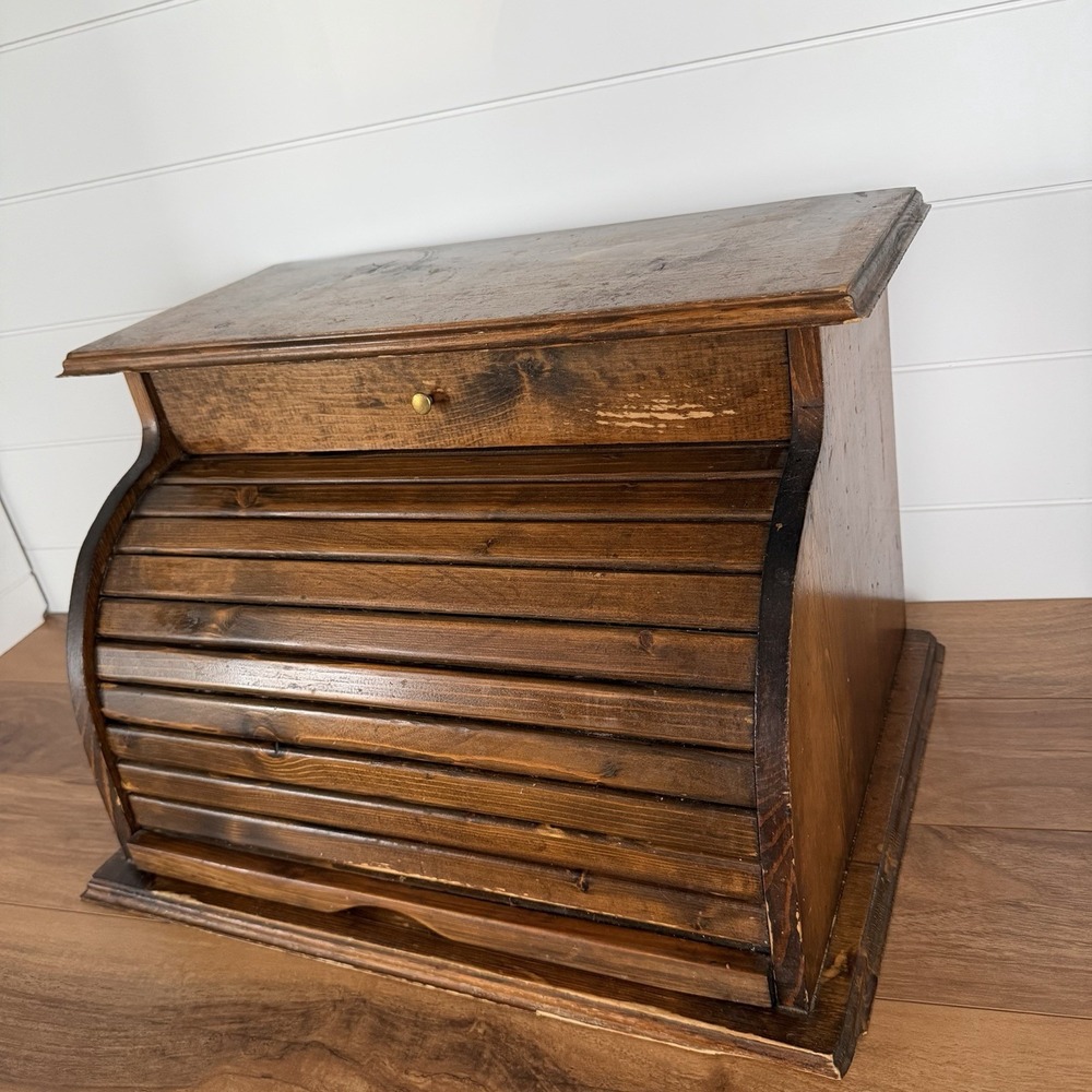 VTG XL Roll top Bread Box W/Drawer Cottagecore Rustic Farm Prairie Kitchen *Flaw